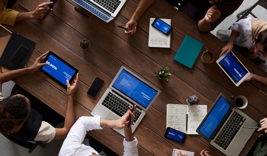 team meeting with different devices