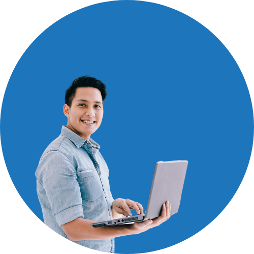 man with laptop blue bg